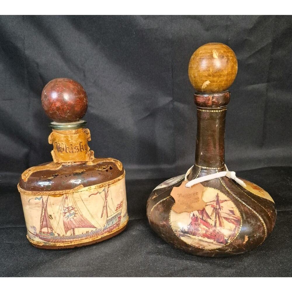2 Beautiful Vintage Italian Leather Whiskey Decanters. Tall Ship, Sailing,
